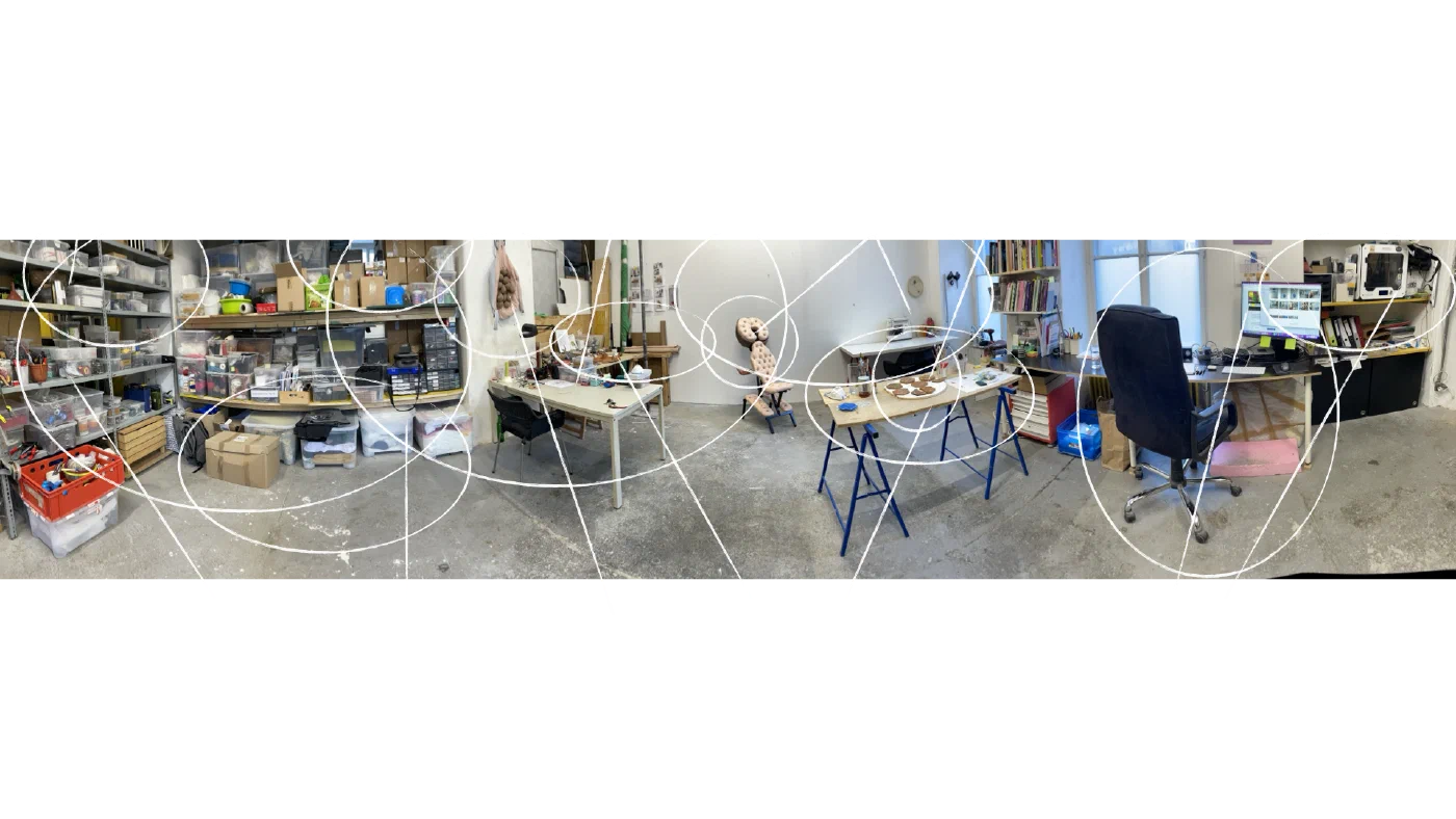 Panoramic view of Patrícia J. Reis’s studio and work areas